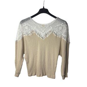 TR Notes Womens Blouse Top Size S Dolman Ribbed Beige White Lace Vintage Y2K